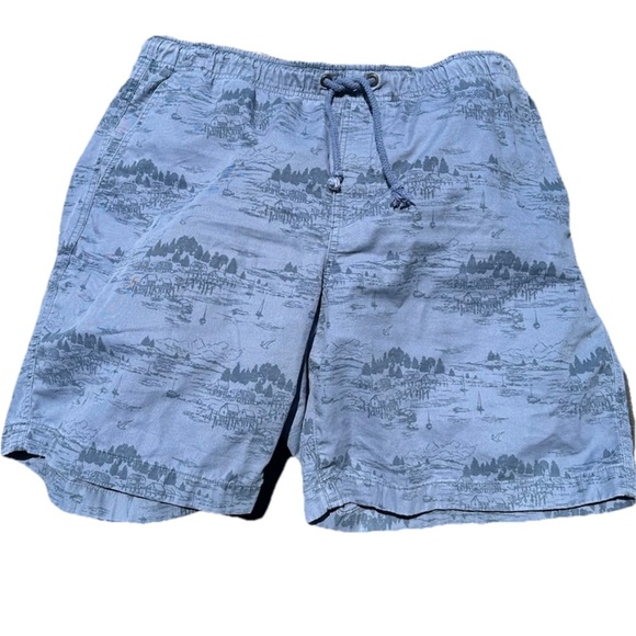 LL Bean Dock Shorts Mens XL Blue All Over Print Elastic Waist Drawstring 6" - Picture 1 of 7